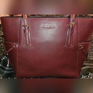 Michael Kors Maroon Saffiano Leather Tote with Gold Hardware